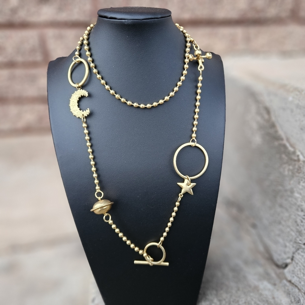 Gold Celestial Charm Necklace Women's Jewelry Planet Moon Stars Jack Ball Chain
